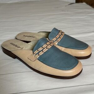 Azaleia Ivory/Blue Leather Mule Sandals Slip On Shoes Retro Look Stylish US 8.5